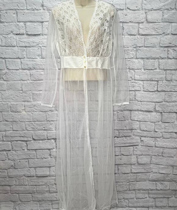 Nancy King Other - Vintage Nancy King Sheer Nylon Peignoir Robe White Bridal Size M New Satin Lace